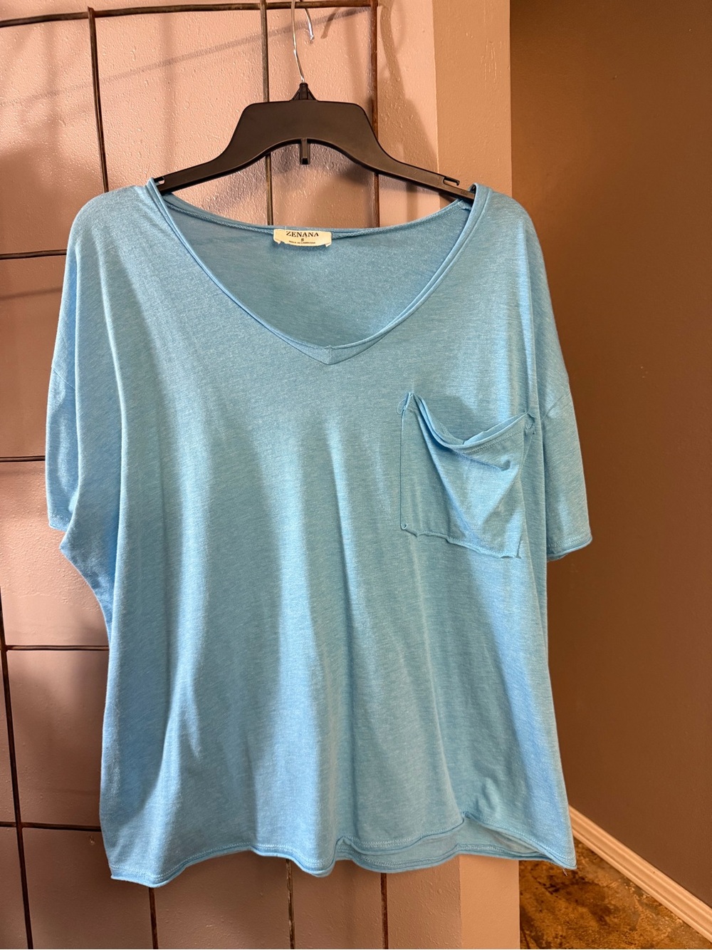 Zenana Outfitters Light Blue V-Neck Short Sleeve Pocket Tee